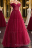 Burgundy A-line Off Shoulder Tulle Shiny Long Prom Dress