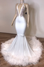 Black Girl Prom Dresses, V Neck Sexy Backless White Prom Dresses With Feather Mermaid Crystals Appliques Prom Gown