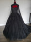 Black Full BallGowns With High Neck Veil Wedding Dress, Bridal Gowns With Long Train Sleeveless Sweetheart Strapless