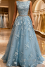 Dusty Blue A Line Backless Prom Dresses Long Dusty Blue Lace Prom Dresses