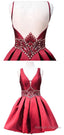 Sweet A Line V Neck Sheer Back Beaded Crystals 8Th Grade Prom Dresses, Short Burgundy Prom Homecoming Dress, E0983
