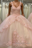 Quinceanera Sweet Tulle Ball Gown 16 Lace Pink Prom Flower Sparkly Prom Dresses