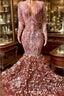 Elegant Long Mermaid V Neck Appliques Lace Prom Dresses with Sleeves