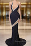 Mermaid V Neck Sleeveless Rhinestone Satin Tulle Prom Dresses