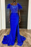 Side Slit Royal Blue Feathered Shoulder Beaded Long Prom Gown