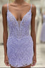 Plunging Neck Lavender Embroidery Bodycon Homecoming Dress