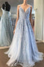 Fairy Light Blue Lace Appliques Tulle A Line Long Prom Dresses