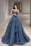 Gorgeous Blue Sparkly Tulle Beaded Prom Dress, Tiered Formal Gowns with Rhinestone