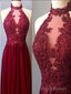 Halter Chiffon Lace A Line Long Maroon Prom Dress Burgundy Prom Dress