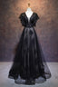 Modest Black Long A Line V Neck Black Prom Dresses Chic Prom Dresses