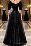 Modest Sparkly Black Long A-line Prom Dresses With Sleeves Evening Gowns