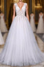Flowy A Line Long V Neck Lace Tulle Beach Wedding Dress Bridal Gowns