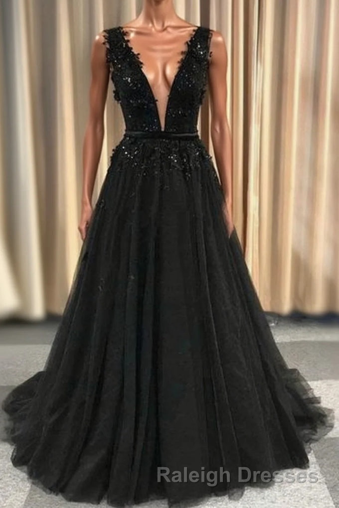 Prom Deep V Neck Long Black Prom Dress With Lace Appliques – Raleigh