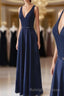 Navy Blue V-neck Floor Length Simple Cute Long Prom Dresses
