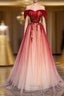 Burgundy Off The Shoulder Tulle Long Lace Up Prom Dress