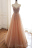 Tulle A Line Lace Up Back Straps Prom Dresses Sequins Prom Dresses