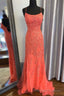 Mermaid Backless Orange Lace Long Prom Dress, Mermaid Orange Lace Formal Dress, Orange Lace Prom Dress