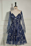 Dark Navy Sequined Long Sleeves A Line Homecoming Dress