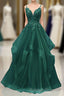 A Line Tulle With Lace Applique Straps Long Prom Dresses Green Tulle Prom Dresses