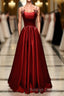Wine Red Satin Straps Round Neckline Party Dress, Wine Red Long Prom Dress