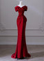 Wine Red Satin Mermaid Long Straps Long Prom Dress, Wine Red Off Shoulder Prom Dress