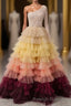 Unique Multi Color Layered One Shoulder Long Sleeves Prom Dress Formal Gown