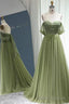 Off the Shoulder Beaded Green Tulle Long Prom Dress, Off Shoulder Green Formal Dress, Beaded Green Prom Dress