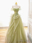 Off the Shoulder Green Tulle Long Beaded Prom Dresses, Off Shoulder Green Tulle Long Formal Prom Dresses