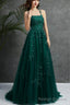 Open Back Dark Green Tulle Lace Long Prom Dress, Dark Green Lace Formal Dresses