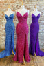 Mermaid Purple Sequin Prom Dresses Long with Slit