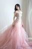 Pink Organza Strapless Pink Lace Floral Long Prom Dresses, Pink Lace Formal Prom Dresses, Pink Ball Gowns