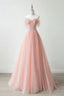 Pink Tulle Strapless Lace Long Prom Dresses, Pink Lace Formal Dresses, Long Pink Prom Dresses