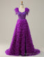 Purple A Line Ruffle Glitter Long Prom Dress With Split