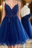 Dark Blue V Neck Short Prom Dresses With Beads Appliques Blue Homecoming Dresses