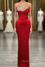 Red Long Mermaid One Shoulder Satin Prom Dress With Beadings Sleeveless