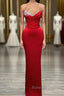 Red Long Mermaid One Shoulder Satin Prom Dresses With Beadings Sleeveless