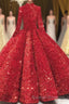 Glitter High Neck Open Back Lace Up Ball Gown Prom Dresses