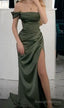 Sexy Mermaid Off The Shoulder Green Long Prom Dress Satin Slit Prom Dresses