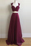 Elegant Two Piece Long Burgundy Chiffon Prom Dress Formal Evening Dress