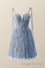 Green Floral Tulle A-line Short Dress with Tie Shoulders