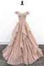 Organza Lace Off Shoulder A Line Cheap Long Prom Dresses