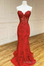 Strapless Sweetheart Neck Mermaid Red Lace Long Prom Dress, Mermaid Red Lace Formal Dress, Red Lace Prom Dress