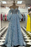 Sweetheart Neck Blue Lace Appliques Long Prom Dress, With Long Sleeves Blue Lace Floral Formal Graduation Prom Dress