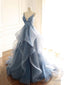 V Neck Blue Gray Lace Prom Dresses, Blue Gray Lace Formal Graduation Prom Gowns