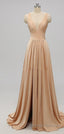 Elegant A Line V Neck Gold Long Modest Side-Slit Bridesmaid Dresses