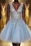 Blue V Neck Homecoming Dress With Beadings