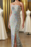 Silver Strapless Lace-Up Sequins Prom Dresses Long with Slit