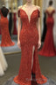 Orange Sparkly Spaghetti Straps Sequins Prom Dresses Long with Slit