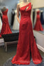 Mermaid One Shoulder Red Long Prom Dress with Keyhole