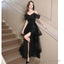 Short-Sleeve Cold Shoulder Plain Sequin Ruffle Slit Mesh A Line Prom Gowns